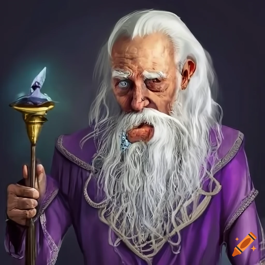 image of an old magician with a long white beard and blue eyes holding a scepter