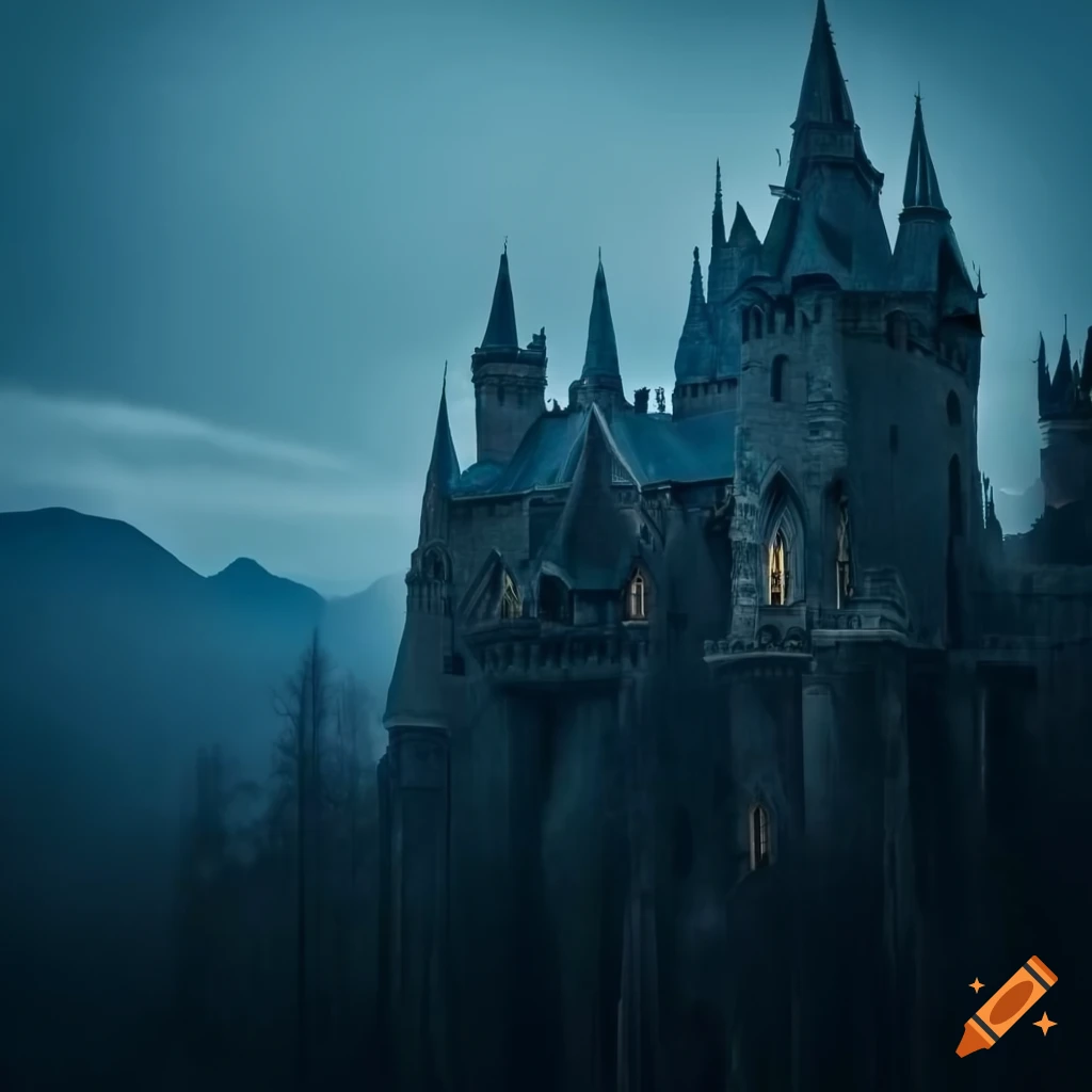Enchanting gothic castle in a forest with mountains in the background ...