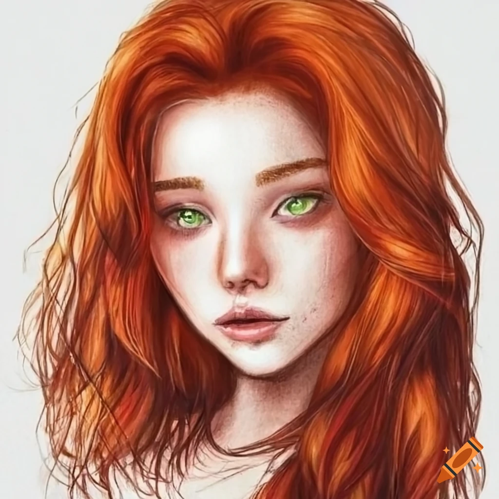 Portrait of a girl with green eyes and red hair on Craiyon