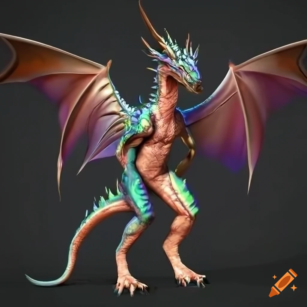 Render of a hybrid creature: human and iridescent dragon on Craiyon