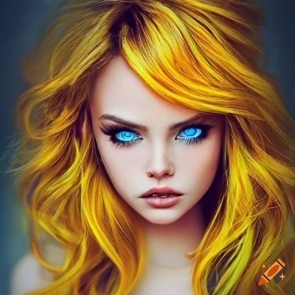 Portrait of a woman with blue eyes and yellow wavy hair