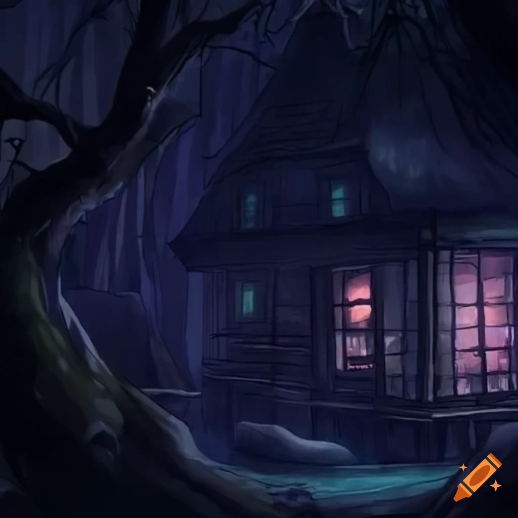 anime style haunted cottage in a forest at night