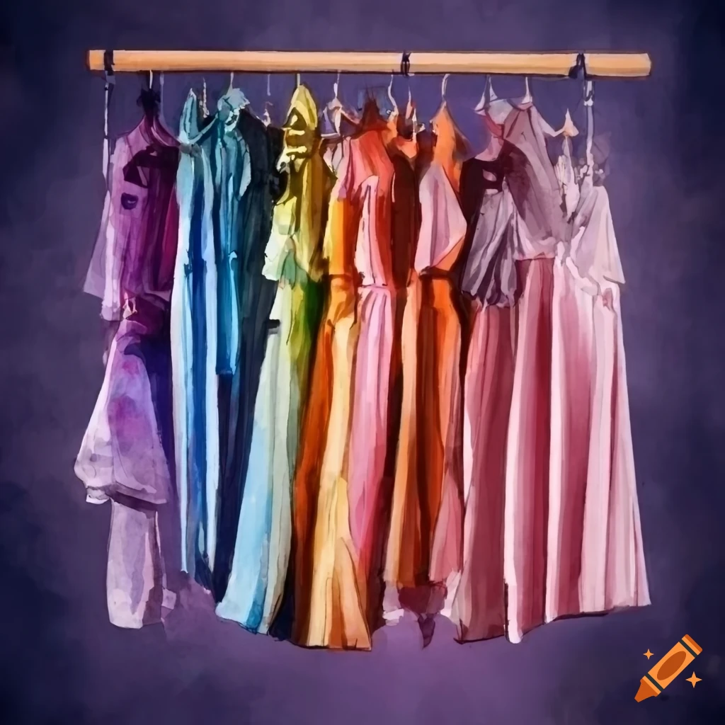 Watercolor of colorful nightgowns hanging on a rack on Craiyon