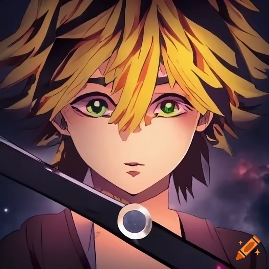 Anime-style depiction of a boy with yellow hair and a sword in a stormy ...