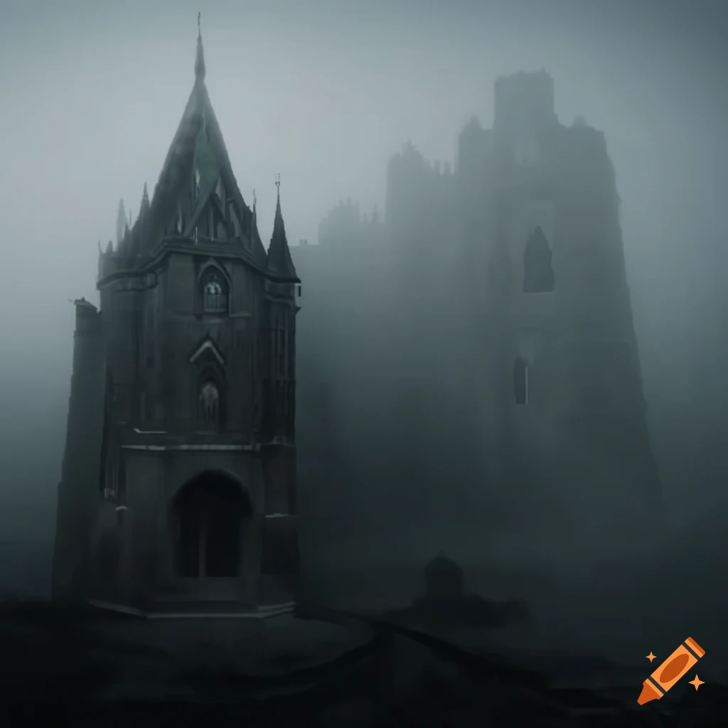 Ruins of a gothic castle in the foggy atmosphere on Craiyon