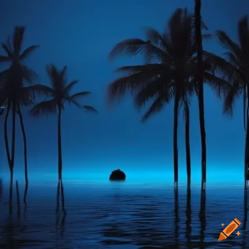 palm trees and water at night