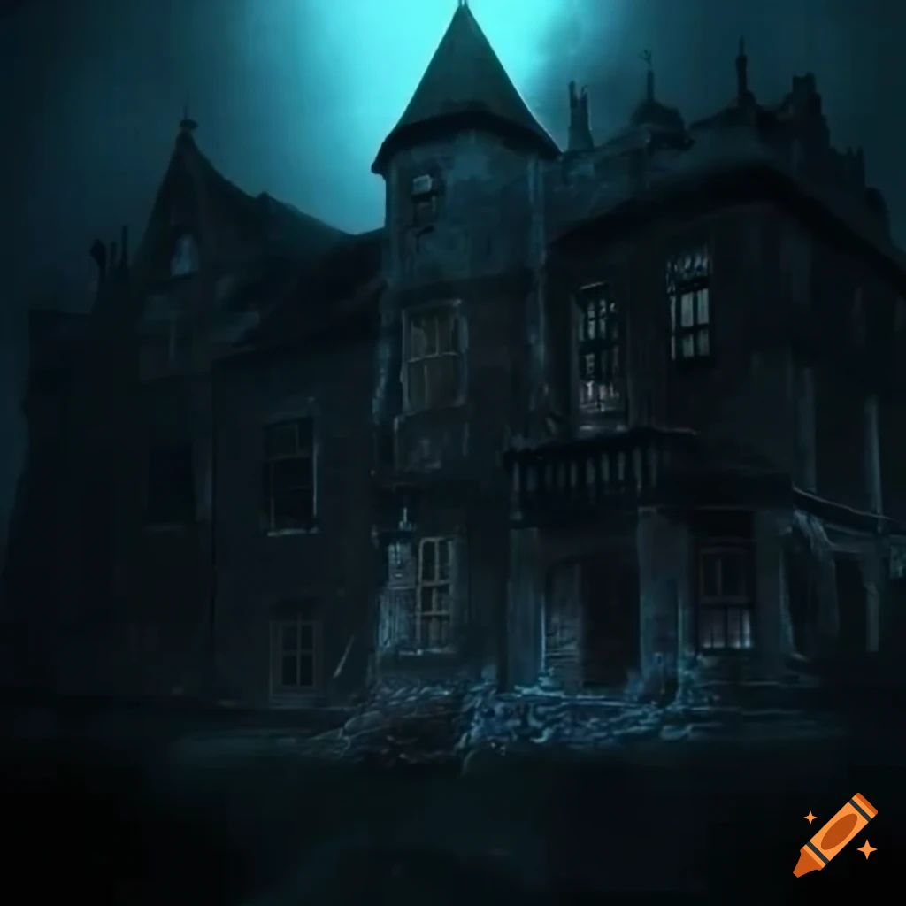 image of a haunted manor with a green and purple glow