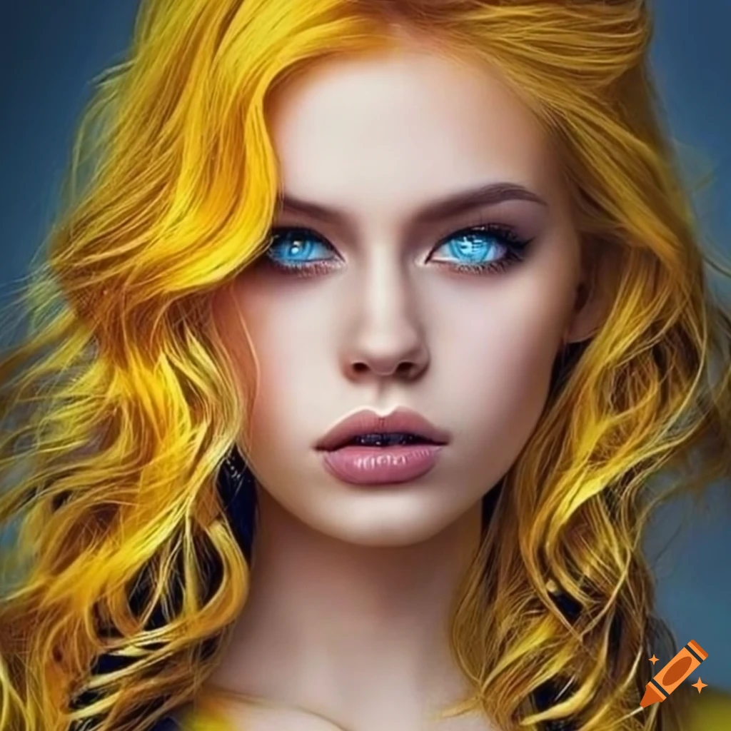 Portrait of a woman with blue eyes and yellow wavy hair on Craiyon