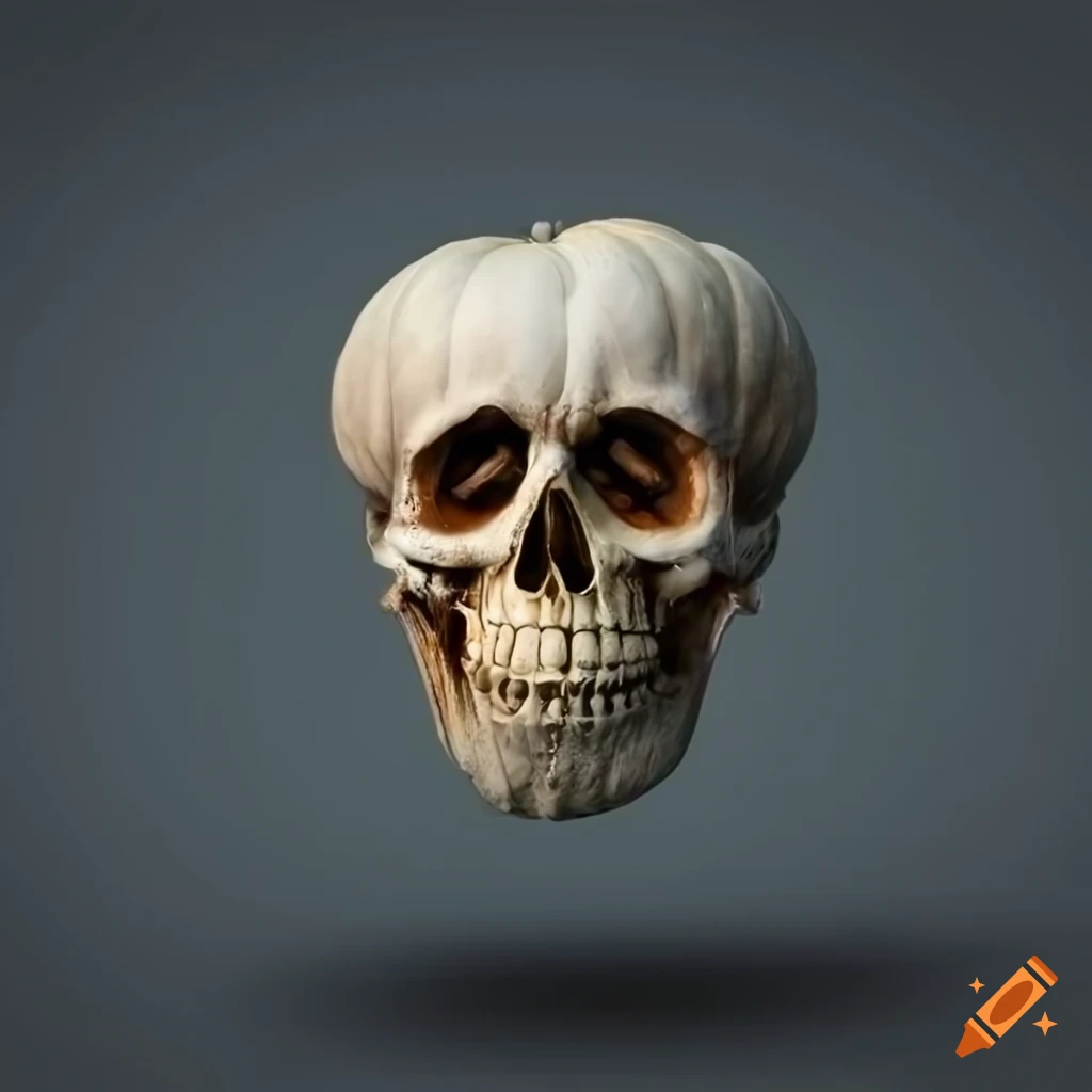 photo of a skull-shaped pumpkin on a dark background