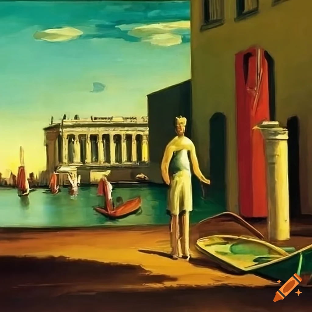 Giorgio de chirico painting of punting on the river cambridge on Craiyon