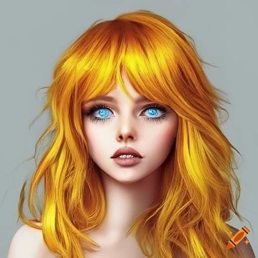 Portrait of a woman with blue eyes and yellow wavy hair on Craiyon