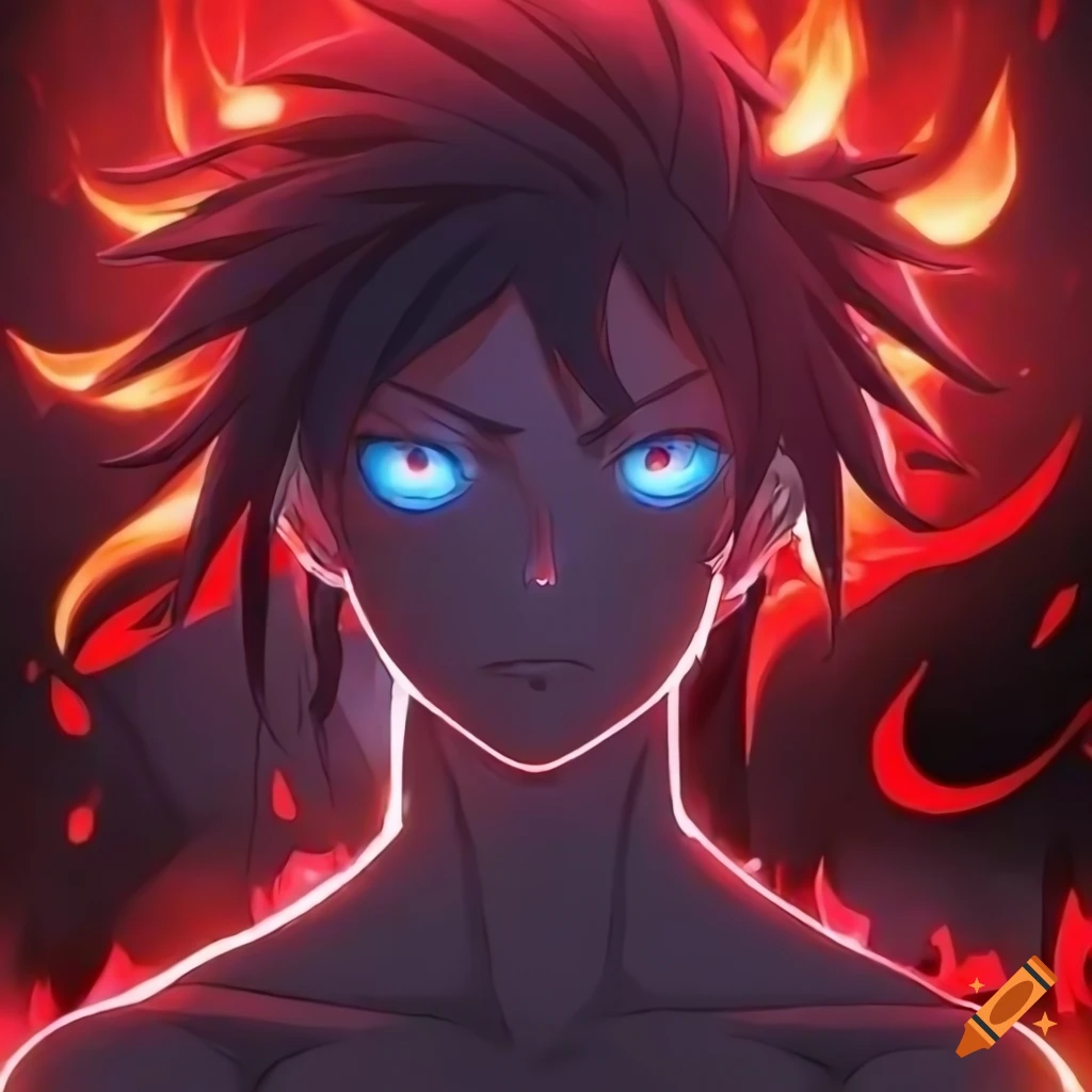 anime character with blue glowing eyes and red flames in the background