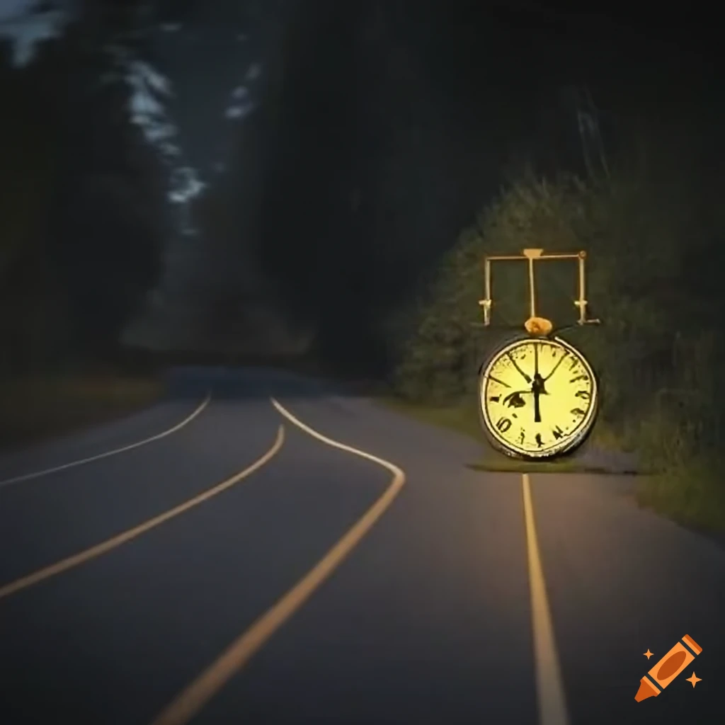 hitch-hiker with a vintage kitchen clock on a roadside sign