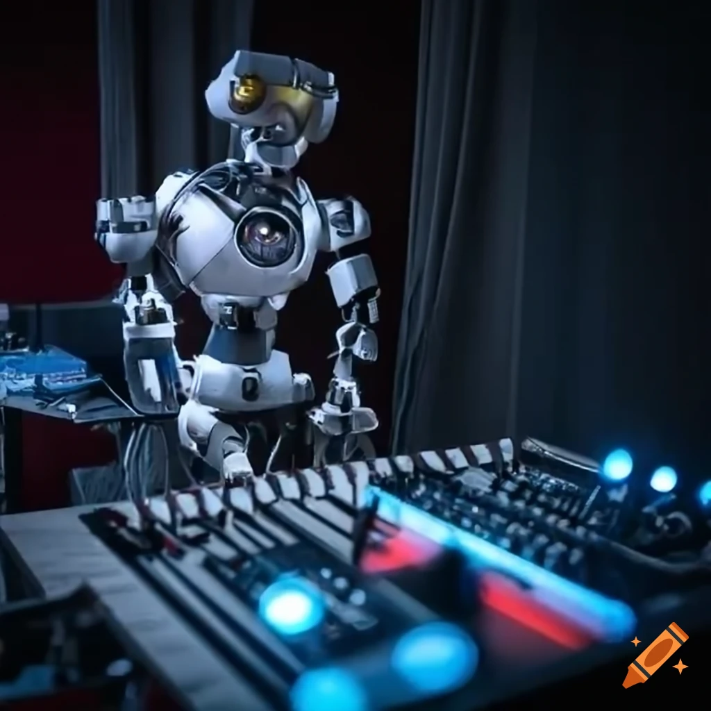 Modular synthesizer robot with vibrant lights on Craiyon