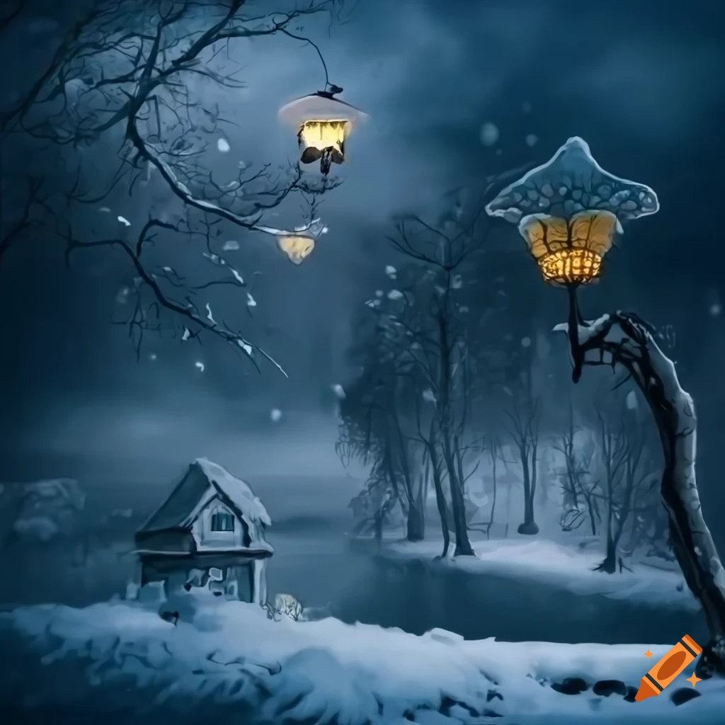 surreal snowy landscape with strange creatures and yellow lamps