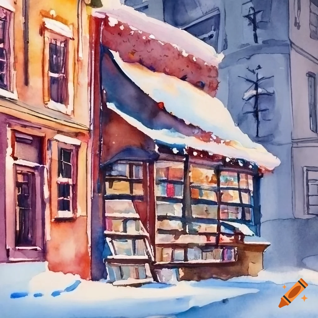 watercolor of a cozy bookstore in winter