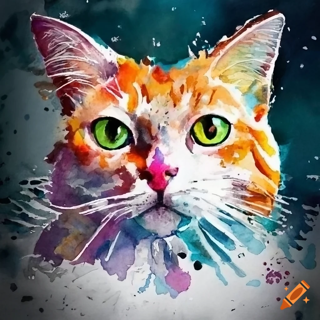 Watercolor of a playful cat splashing water on Craiyon