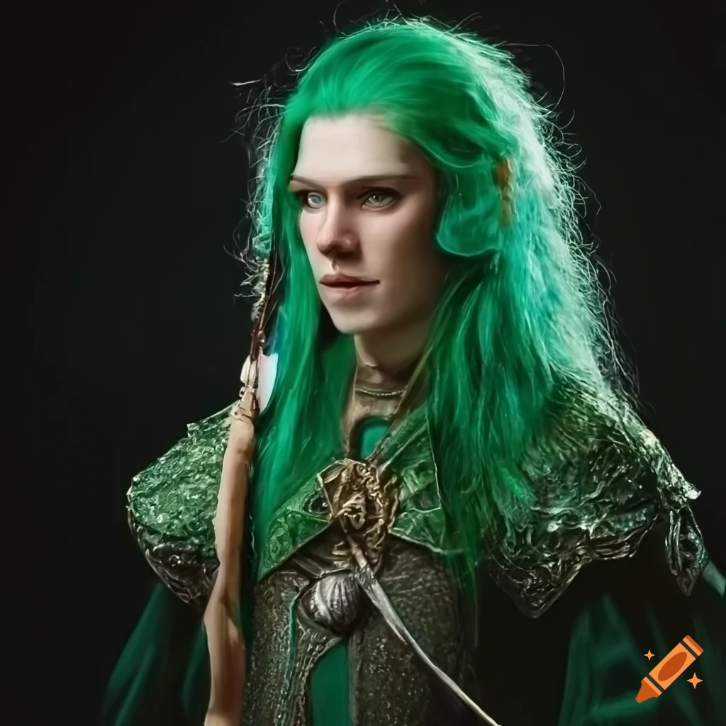 artwork of a male elf with green hair and a silver bow