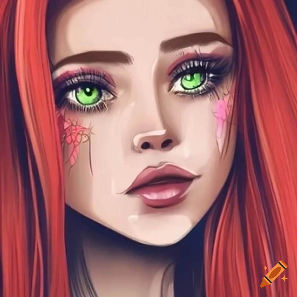 Portrait of a girl with red hair and green eyes on Craiyon