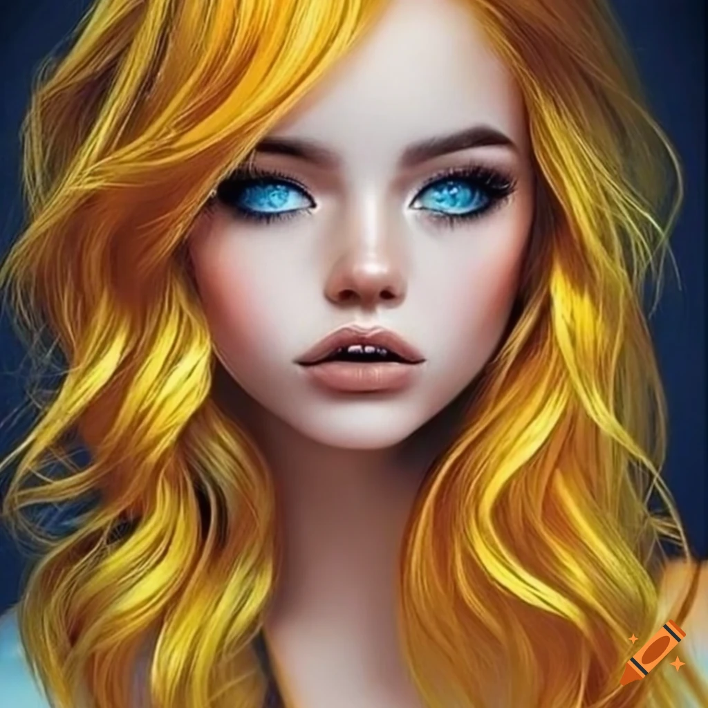 Portrait of a woman with blue eyes and yellow wavy hair