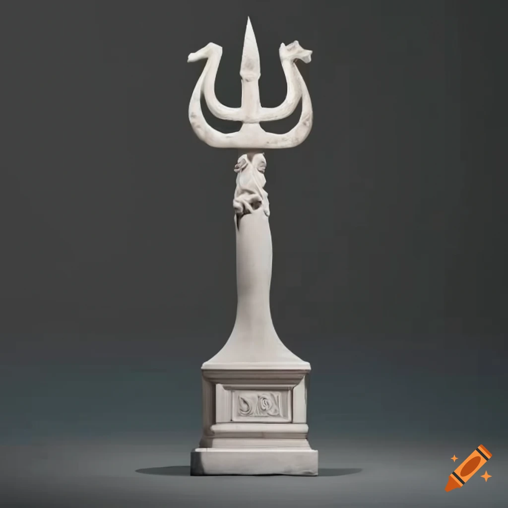 marble sculpture of a trident with Greek symbols