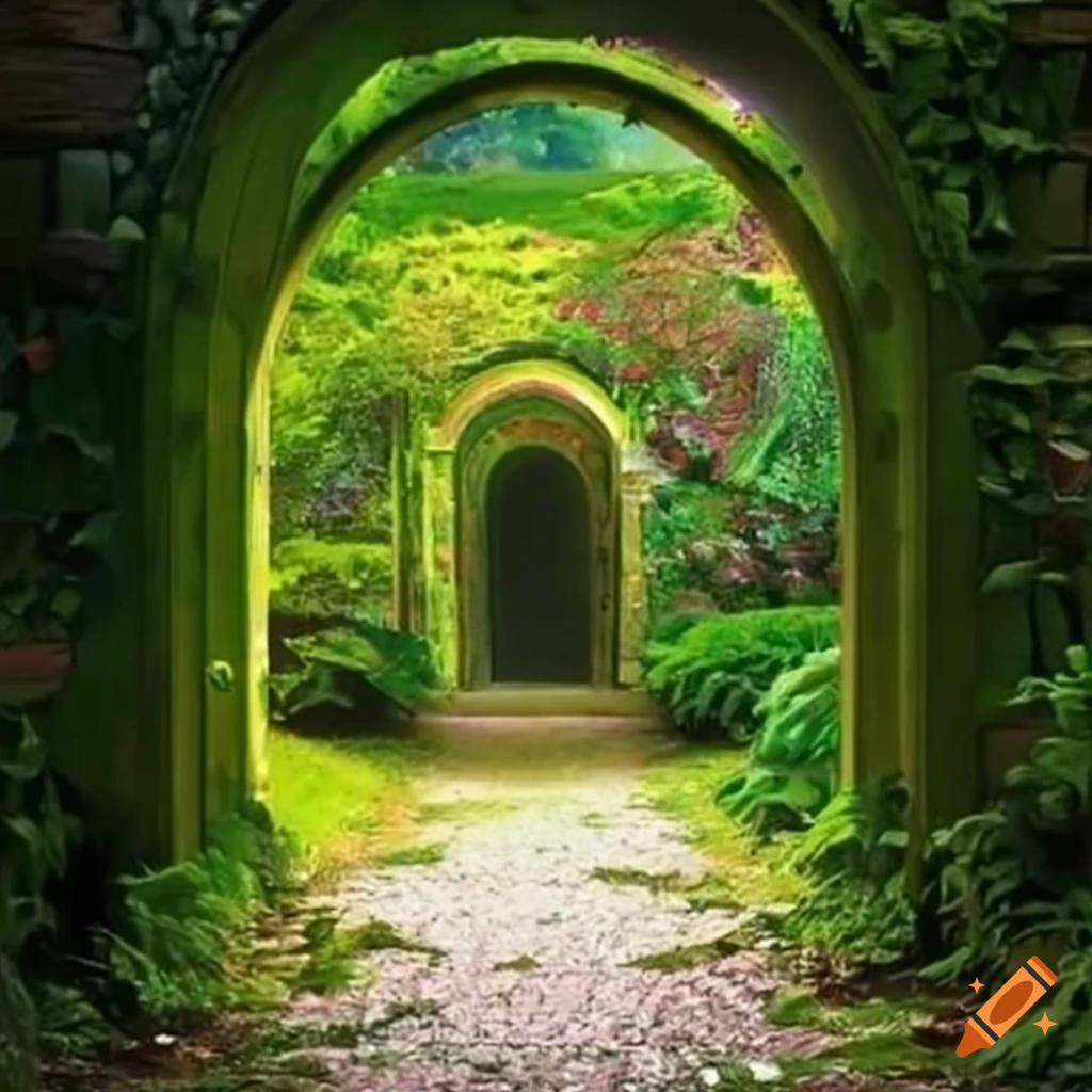 Hidden doorways and portals in a garden on Craiyon