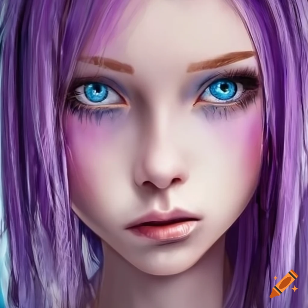 Portrait of a girl with purple hair and ice blue eyes on Craiyon