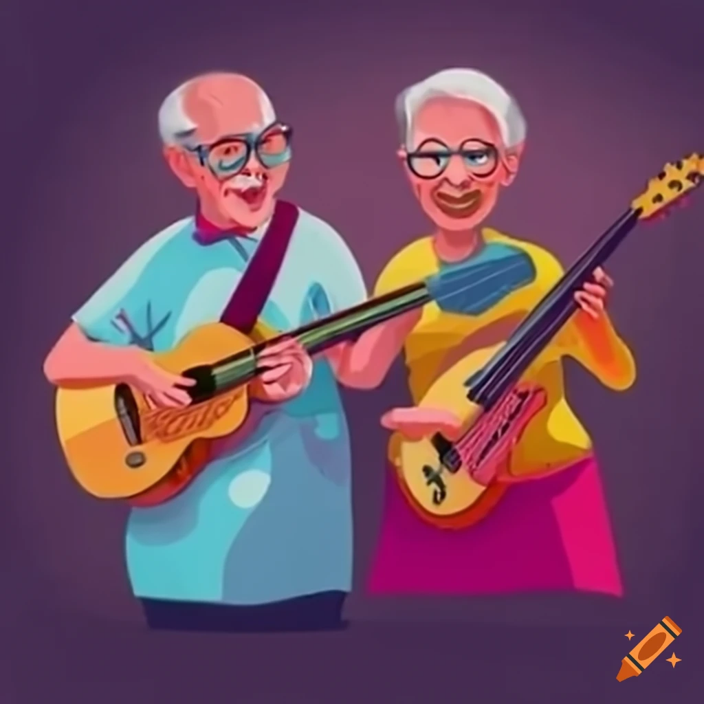 Elderly couple playing bass guitars together on Craiyon