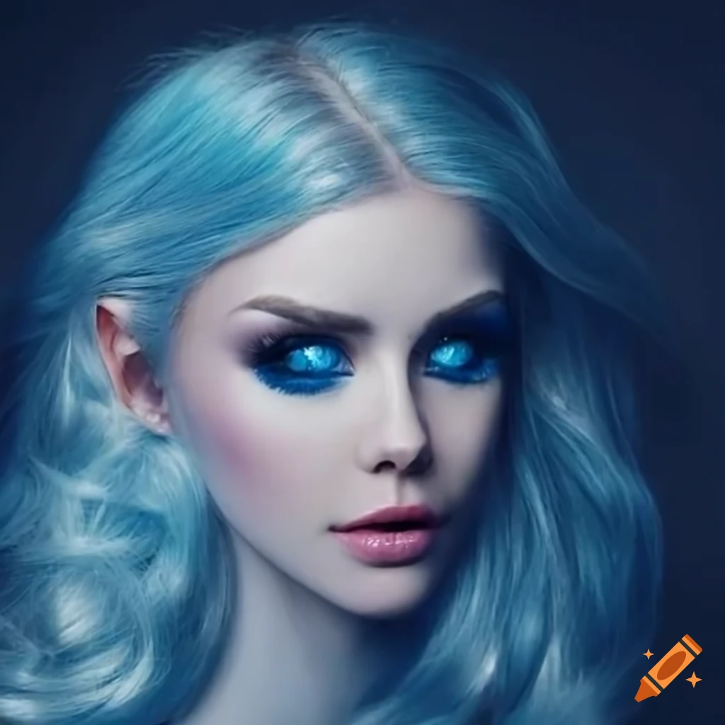 Portrait of a young woman with long white hair and blue eyes on Craiyon