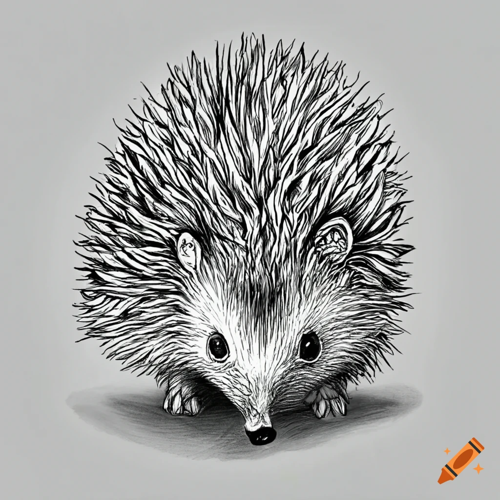 black and white line art sketch of a hedgehog