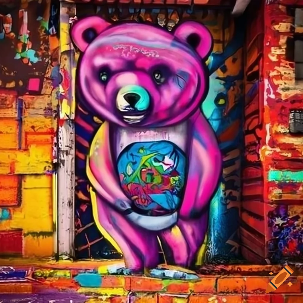 Graffiti artwork of a bear in streetwear