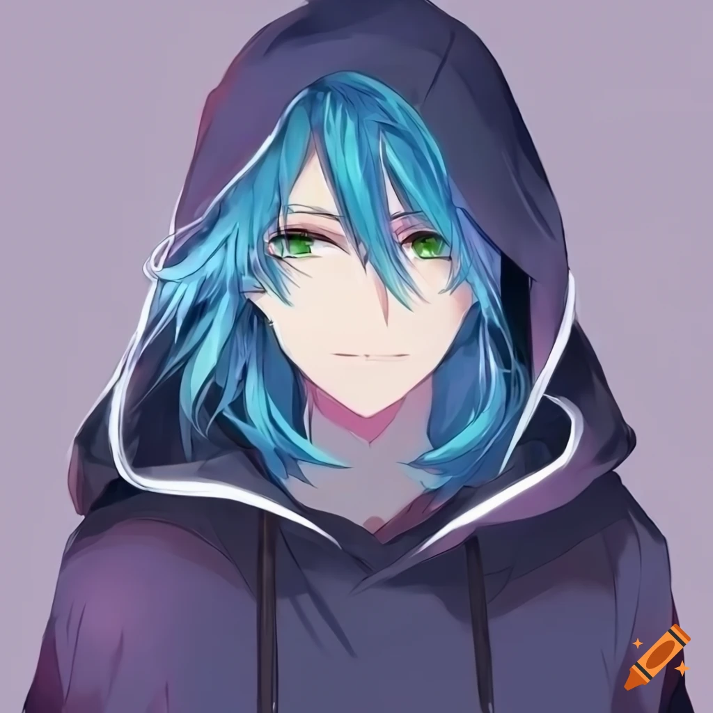 Anime character with dark green hair, black hoodie with purple hood, gray  pants, red shoes. blue eyes. and a male human