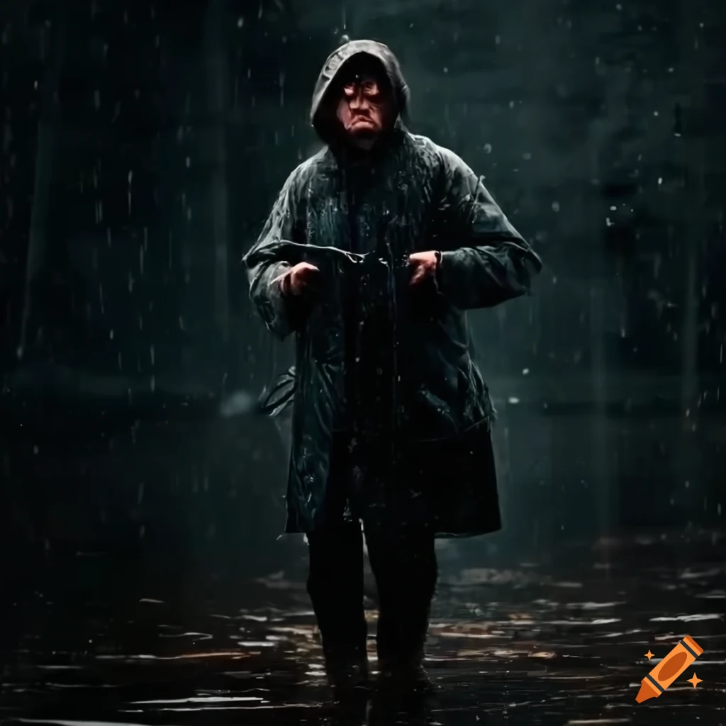 Man in a dark coat fishing in the rain on Craiyon