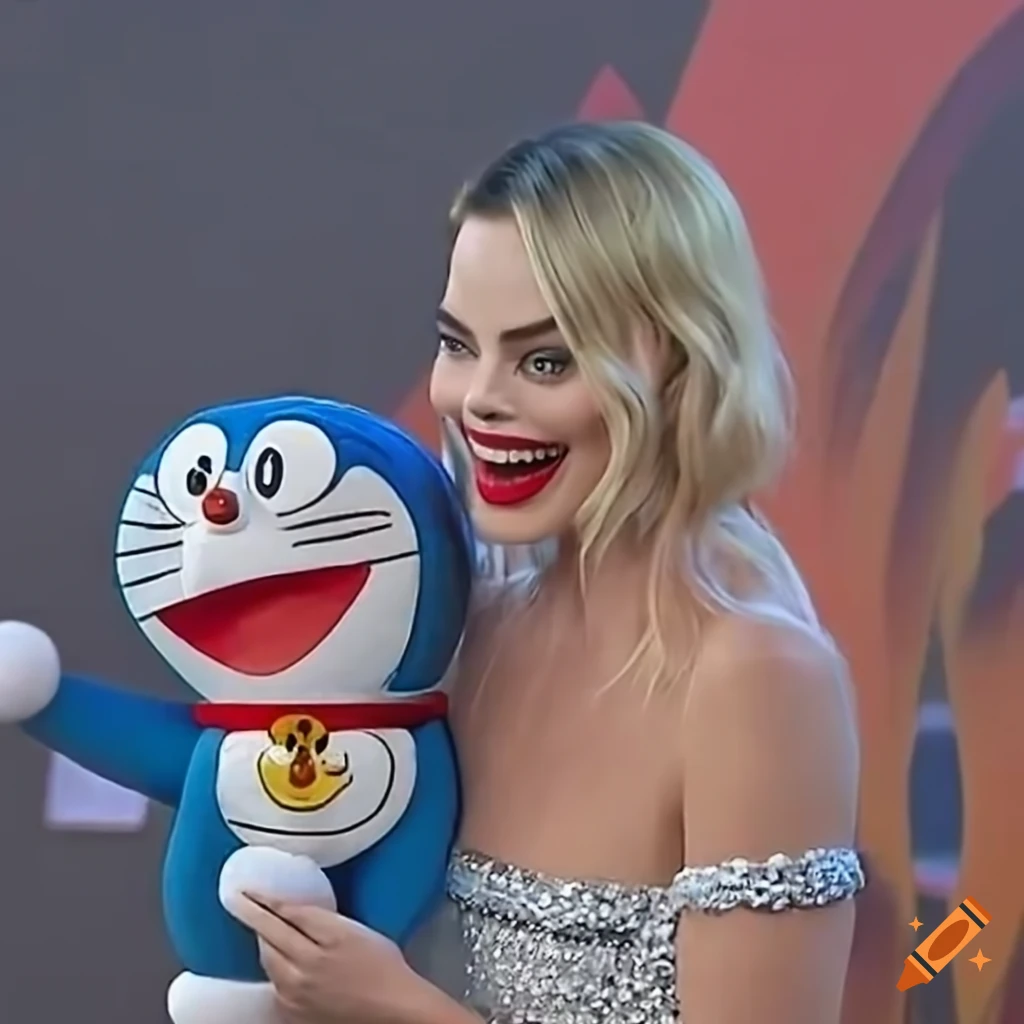 Margot robbie with a doraemon puppet on Craiyon