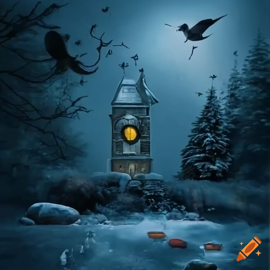 surreal snowy park with fantastical creatures and eerie trees