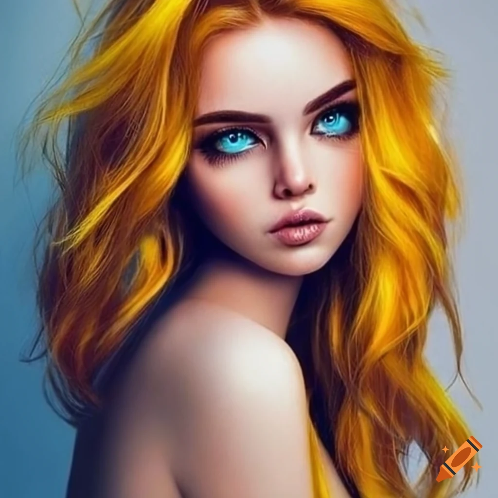 Portrait of a woman with blue eyes and yellow wavy hair