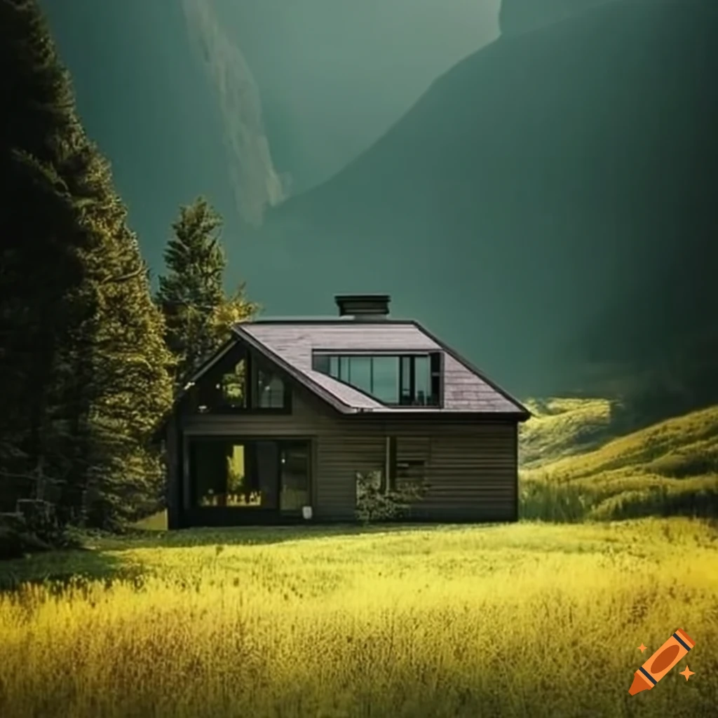 Picture Of A Modern House In A Serene Meadow Surrounded By Mountains On picture-of-a-modern-house-in-a-serene-meadow-surrounded-by-mountains-on