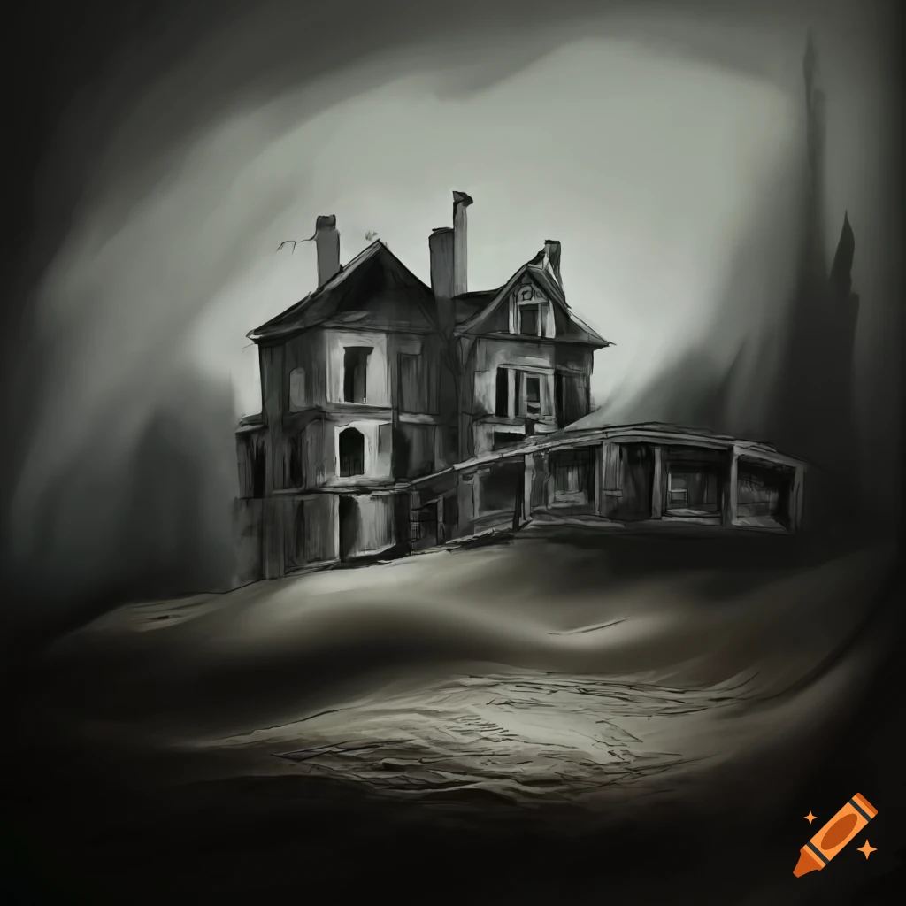 grayscale image of a spooky dilapidated mansion on a sand dune