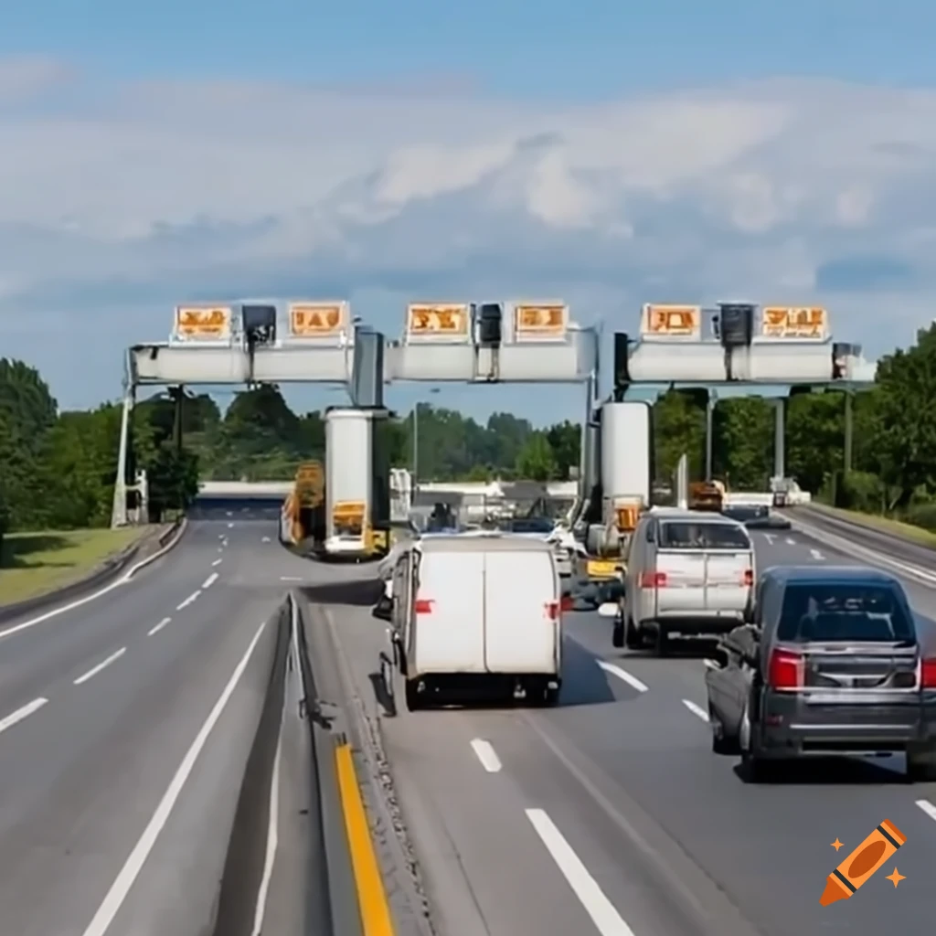 trucks on highway passing through a toll gate