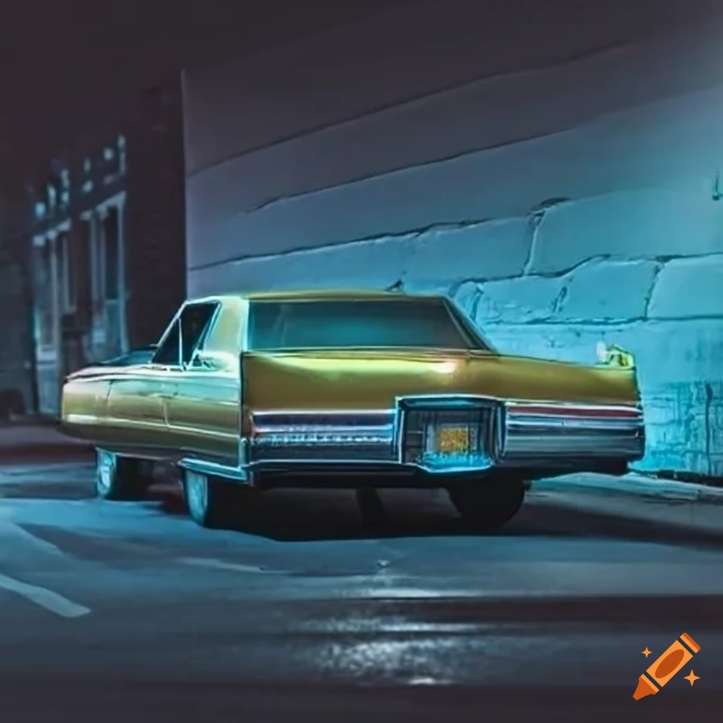 1970s Cadillac parked at night