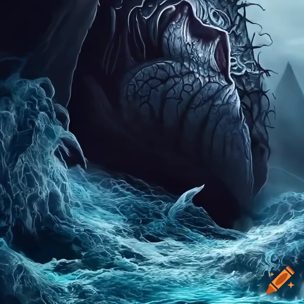 fantastical illustration of a monster emerging from the sea