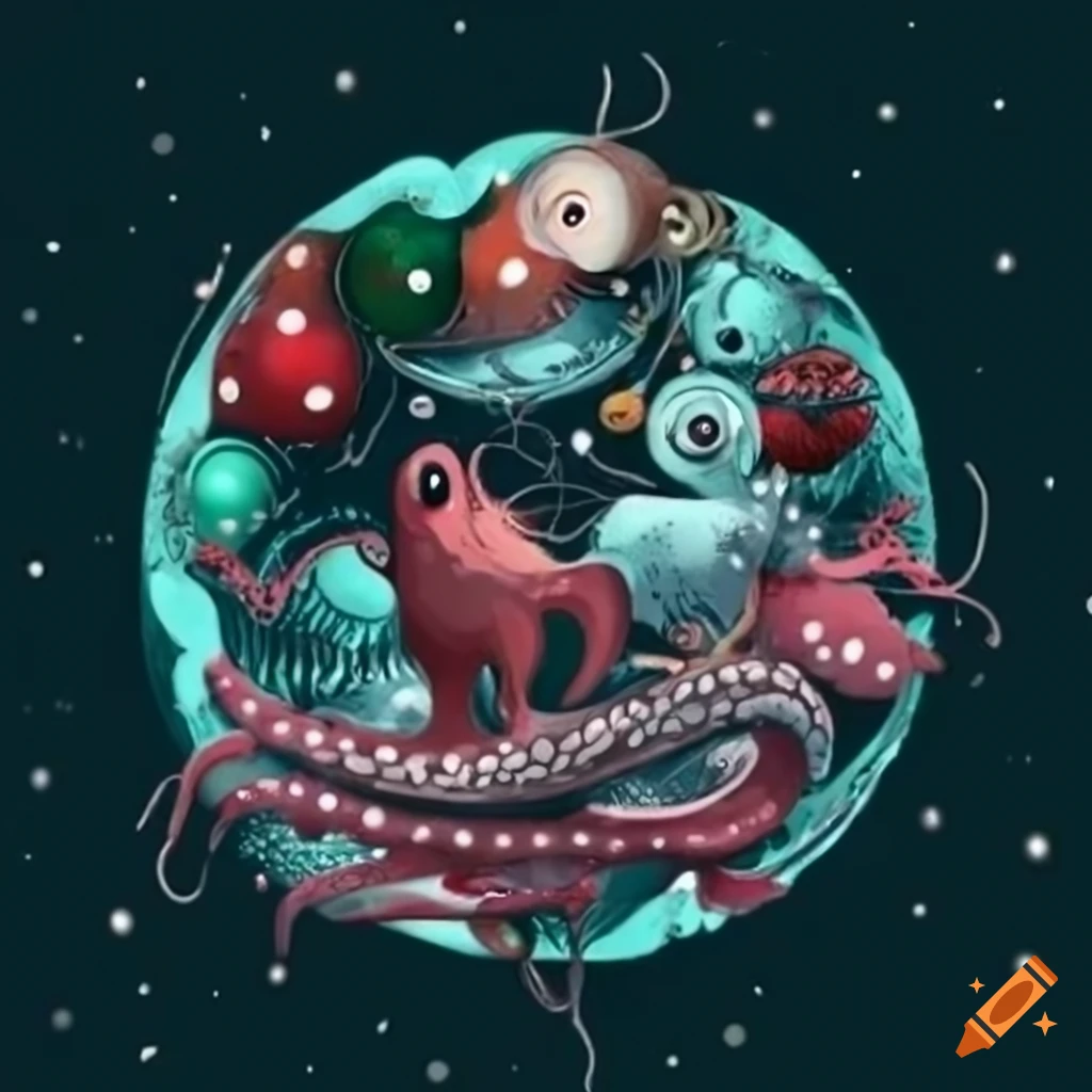 Christmas-themed art of rats and octopus in a round frame