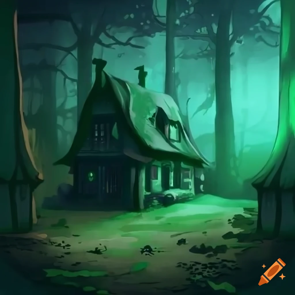 Anime style haunted cottage in a forest at night on Craiyon