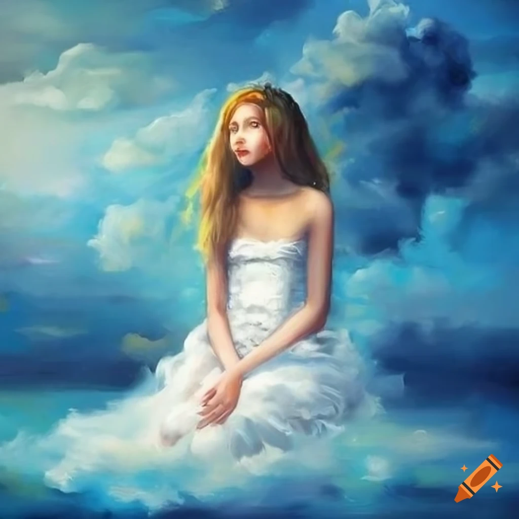 oil painting of a girl dreaming in the clouds