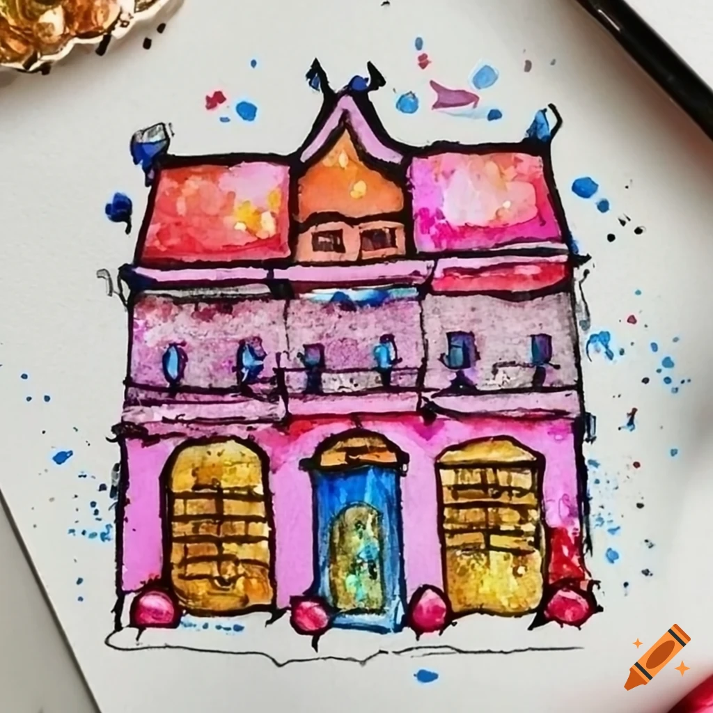 glitter watercolor of a Chinese house