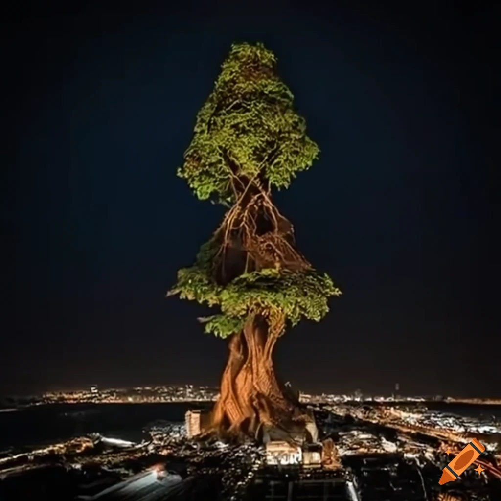 fantasy illustration of a tree under dragon attack on a skyscraper