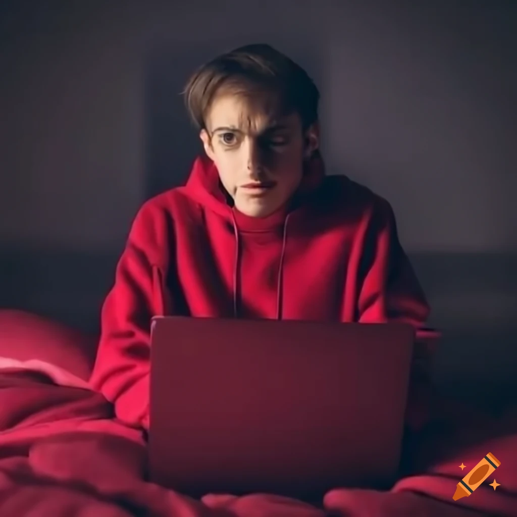 Man sitting at computer in dark bedroom on Craiyon