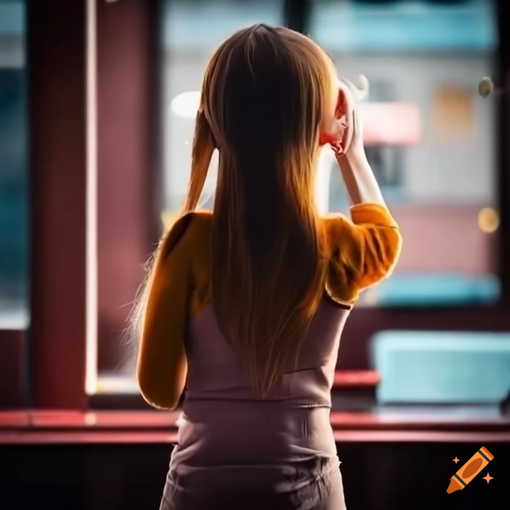 Girl walking into a restaurant in portrait view on Craiyon