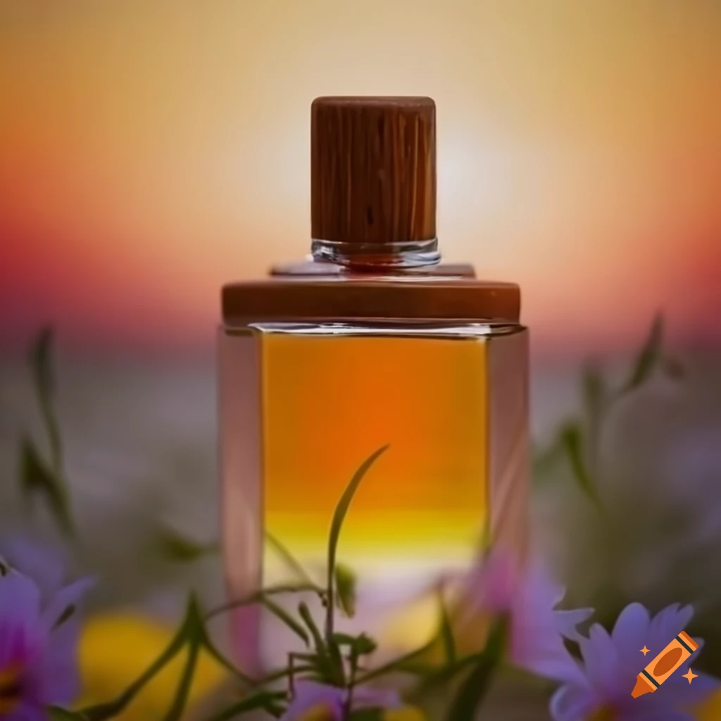 wooden perfume bottle among flowers at sunset