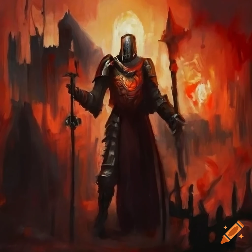 oil painting of two red and black knights with another knight